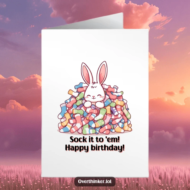 Funny Free Printable Birthday Card: Rabbit wrestling a mountain of mismatched socks, wishing a happy birthday. Hilarious downloadable art.