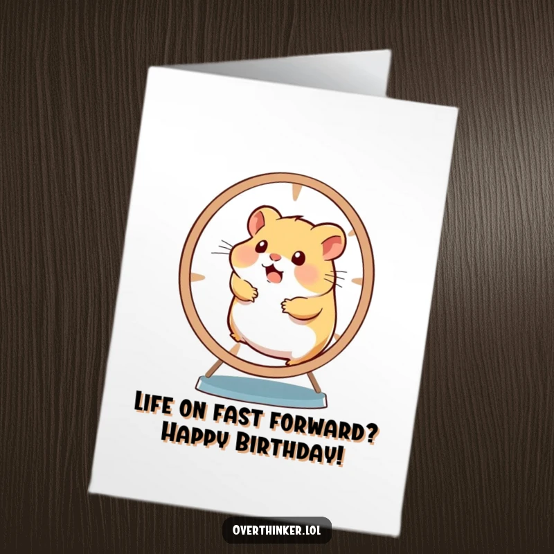 Funny free printable birthday card: An overwhelmed hamster frantically spins its wheel, conveying birthday stress with hilarious intensity.