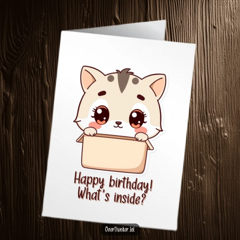 Funny Free Printable Birthday Card: Kawaii animal wide-eyed pondering an empty box, a humorous birthday wish for new beginnings.