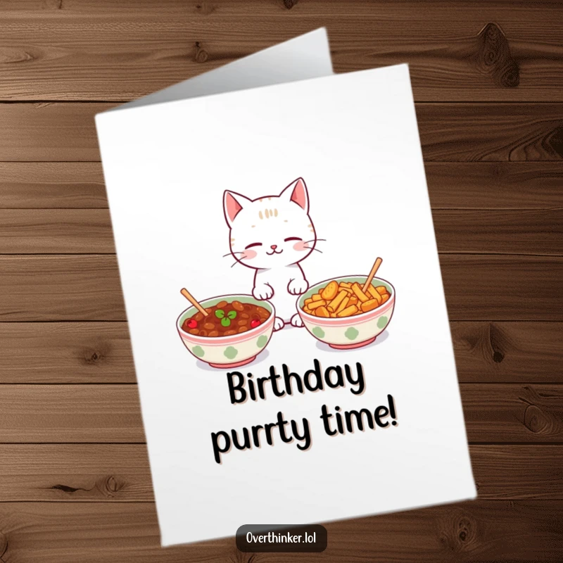 Funny free printable birthday card: Kawaii cat staring between two identical food bowls. A downloadable gift for the indecisive birthday person.