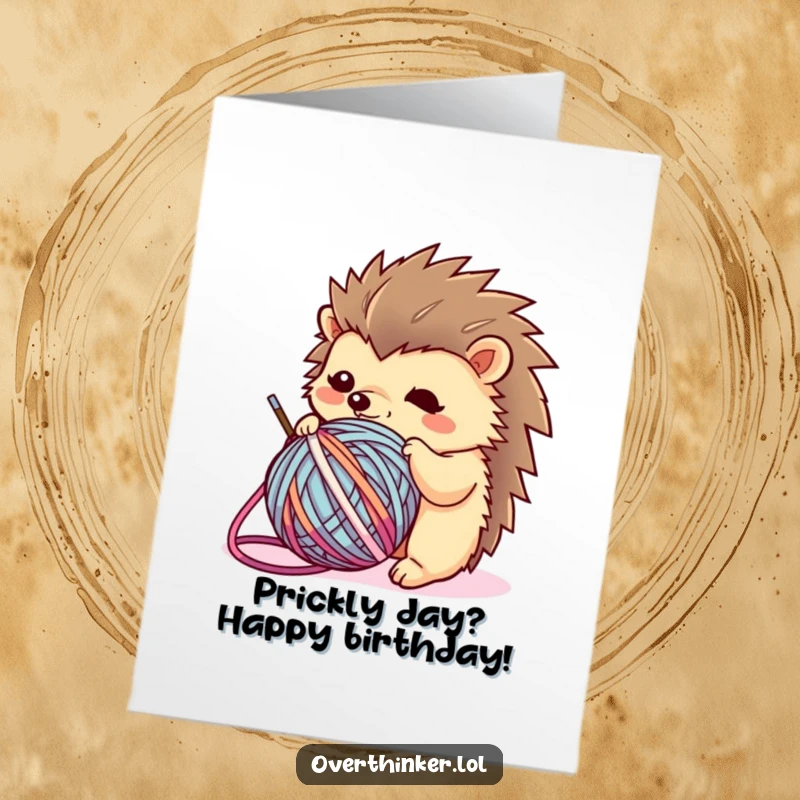 Funny Free Printable Birthday Card: Kawaii hedgehog completely tangled in a ball of yarn, looking hilariously flustered.