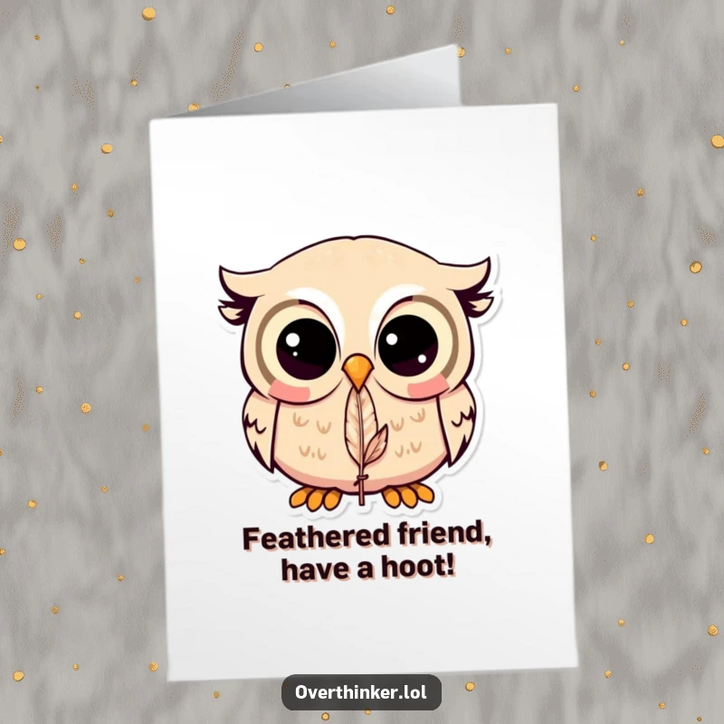Funny free printable birthday card: Kawaii owl with huge eyes fixated on a single feather, looking utterly bewildered. A downloadable gift for owl enthusiasts.