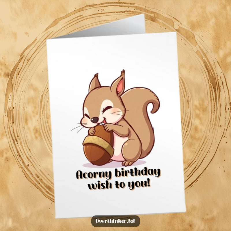 Funny Free Printable Birthday Card: Squirrel stressing over a giant acorn, perfect for a humorous DIY gift.