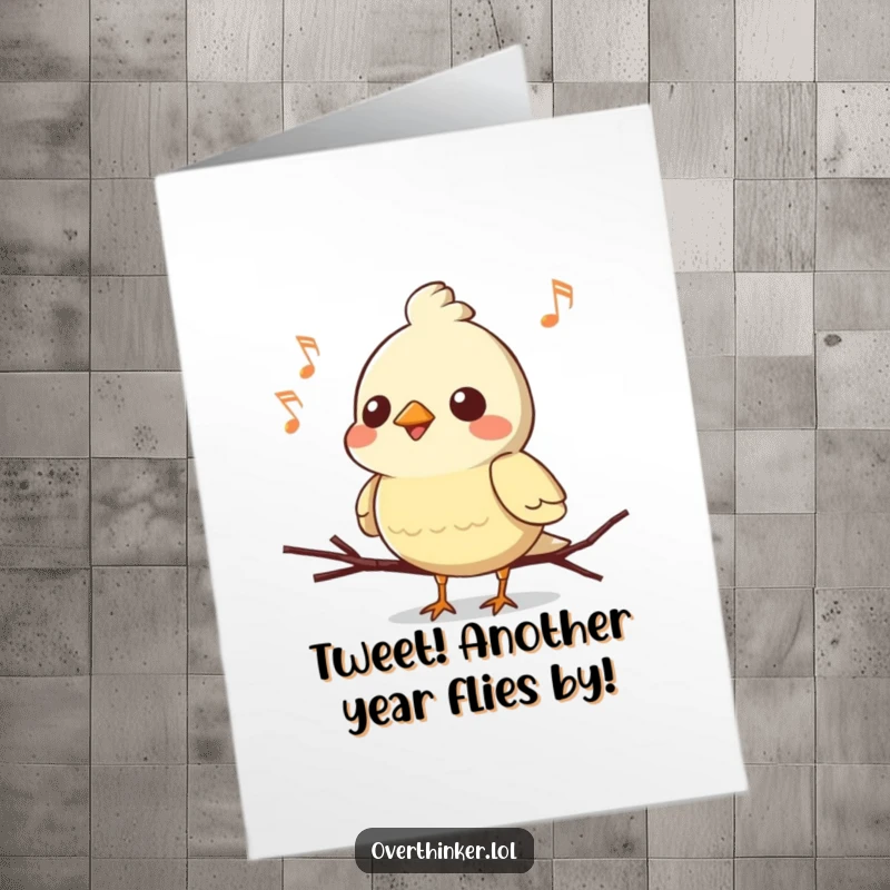 Funny Free Printable Birthday Card: Kawaii bird chirping a song, then pausing mid-note, forgetting the ending, downloadable art.