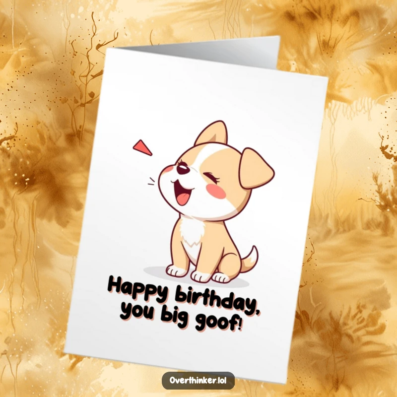 Funny Free Printable Birthday Card: Kawaii dog barking wildly at its own shadow with surprised eyes, downloadable art.