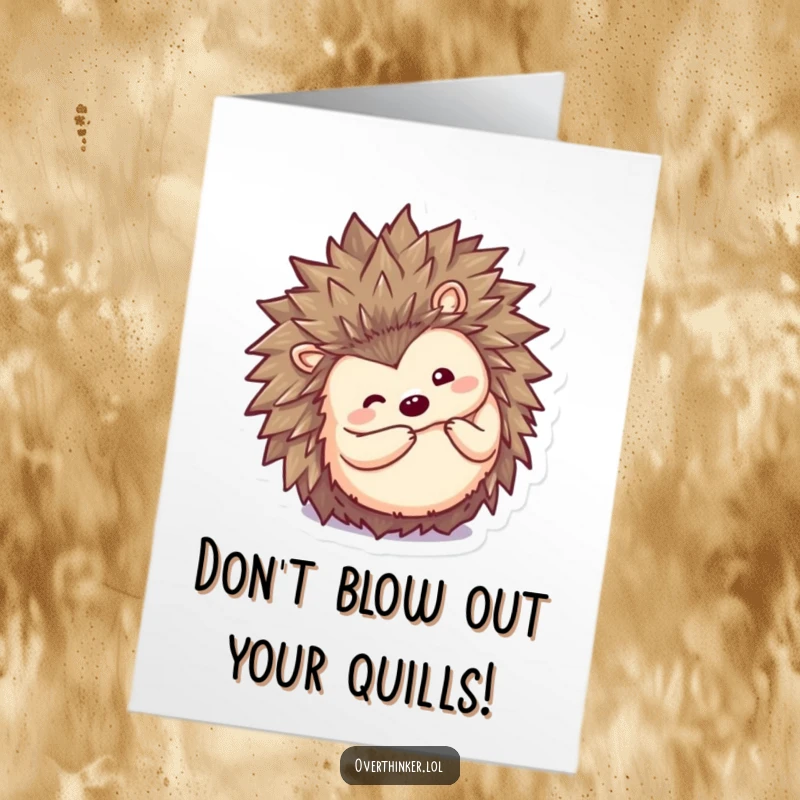 Funny Free Printable Birthday Card: Kawaii hedgehog curling into a ball, then slowly peeking out with wide eyes, downloadable art.