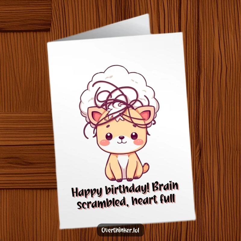 Funny Free Printable Birthday Card: Kawaii animal overwhelmed by a cloud of tangled thoughts, a humorous birthday wish.