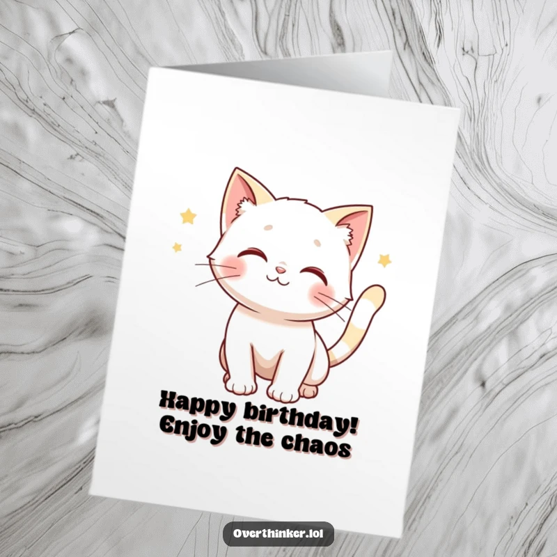 Funny Free Printable Birthday Card: a cat with a twitching tail, anticipating outcomes humorously.