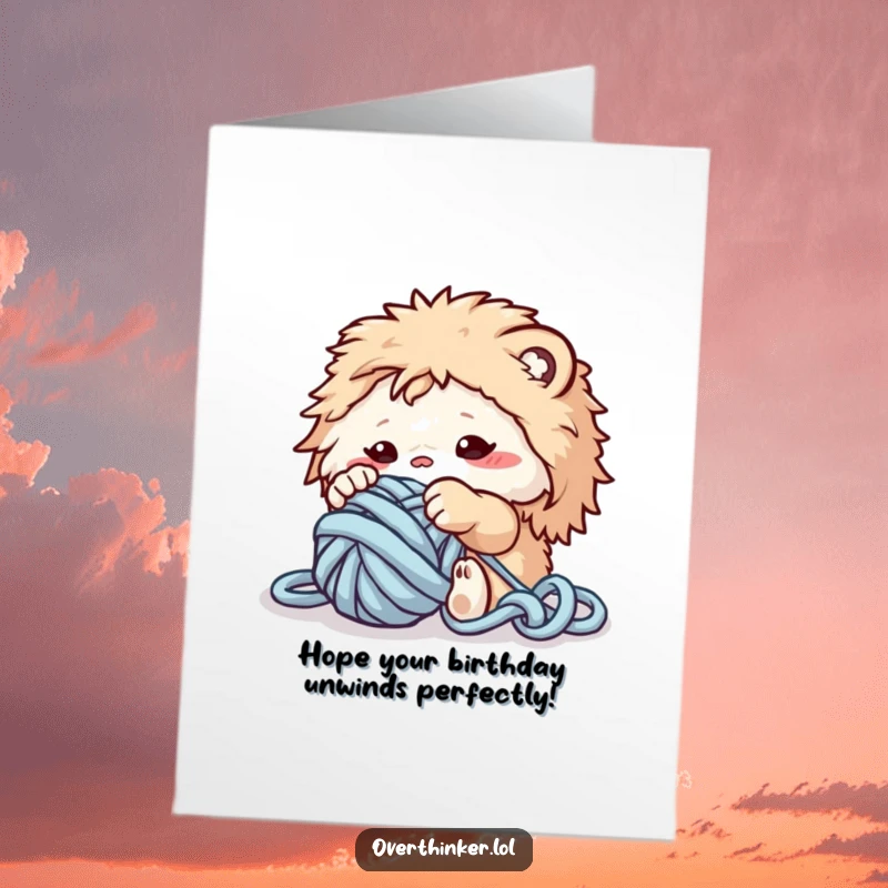 Funny Free Printable Birthday Card: Fluffy creature hilariously entangled in a ball of yarn, struggling playfully.