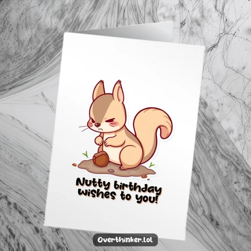 Funny free printable birthday card: Kawaii squirrel burying a nut, looking around nervously. A downloadable gift for the secretive birthday person.