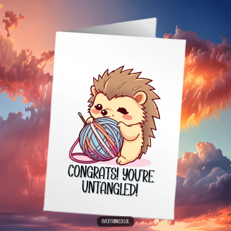 Funny Free Printable Congrats Card: Kawaii hedgehog tangled in yarn, looking flustered but celebrating success.
