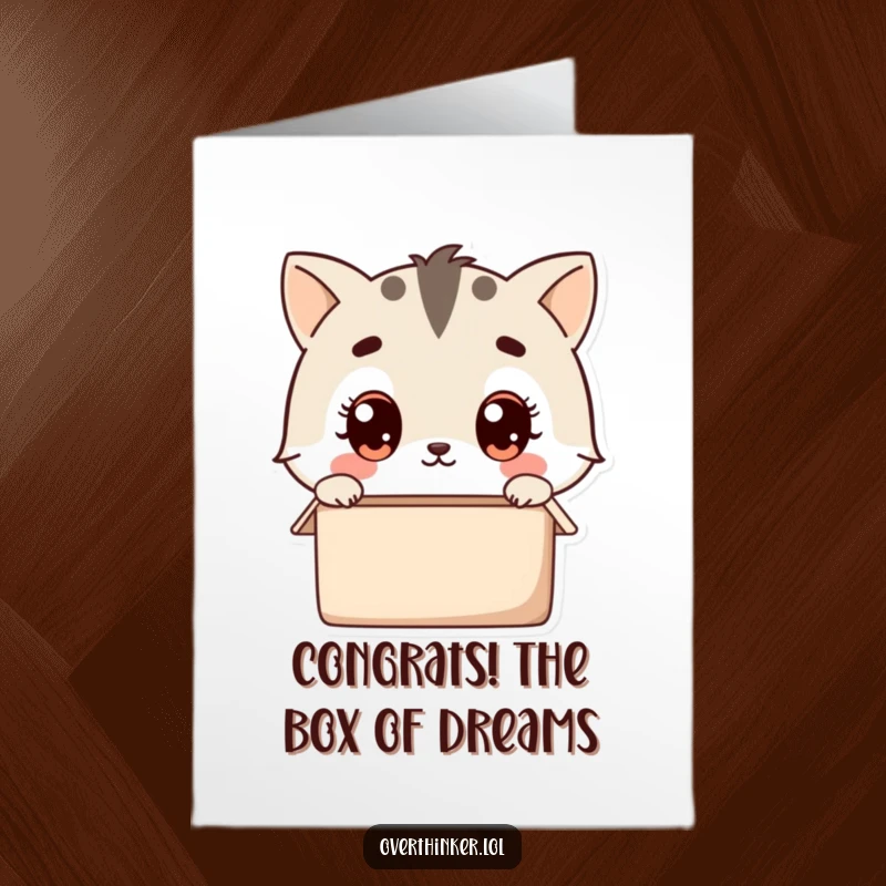 Funny Free Printable Congratulations Card: Kawaii animal pondering an empty box, symbolizing boundless potential humorously.