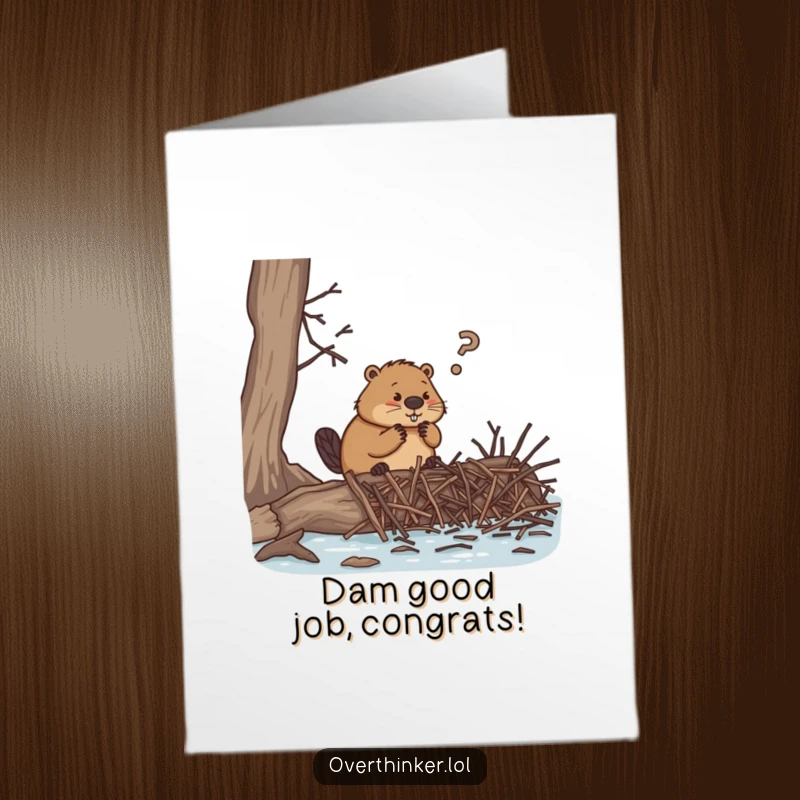 Funny Free Printable Congratulations Card of an overthinking beaver surrounded by countless tiny twigs for dam building.