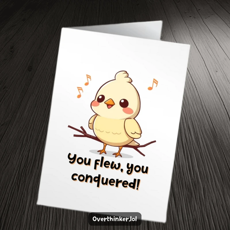 Funny Free Printable Congratulations Card: Kawaii bird mid-song, looking confused as it forgets the lyrics, downloadable art.