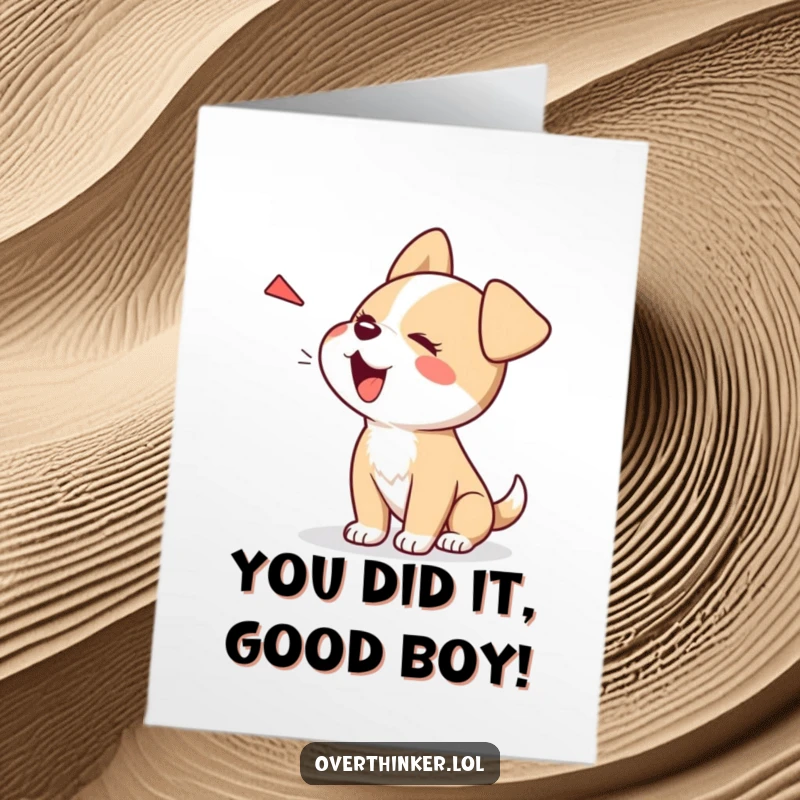Funny Free Printable Congratulations Card: Kawaii dog barking with apprehension at its own shadow, downloadable art.