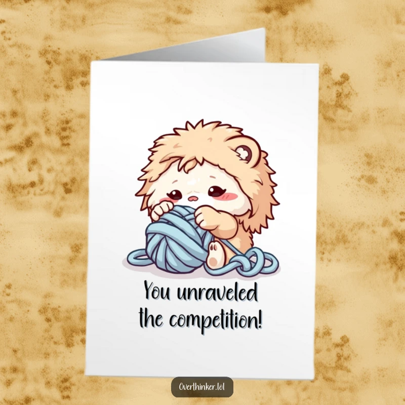 Funny Free Printable Congratulations Card: Fluffy creature triumphantly untangling a ball of yarn, symbolizing overcoming challenges.