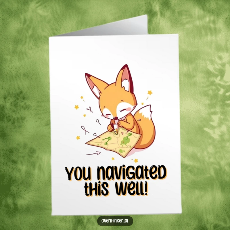 Funny Free Printable Fox Congratulations Card, a character drawing many paths on a tiny map, celebrating success.