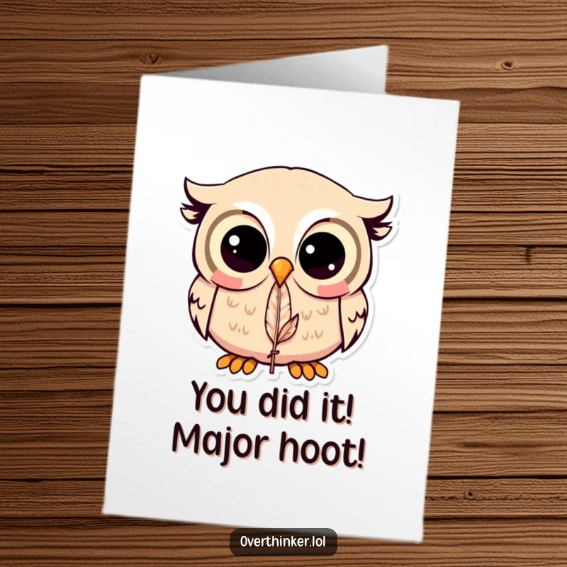 Funny free printable card: A kawaii owl with massive eyes, intensely focused on one tiny feather, conveying surprised congratulations. Downloadable art for any win.