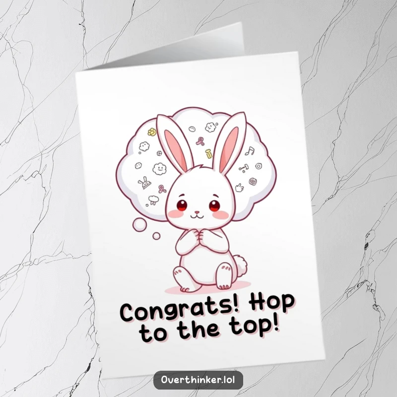 Funny Free Printable Congrats Card: Kawaii rabbit holding a thought bubble of worries, celebrating a hard-earned victory.