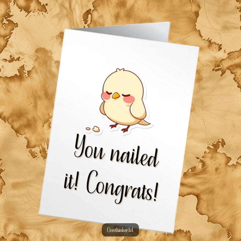 Funny Free Printable Congratulations Card showing a bird nervously pecking at a crumb, symbolizing cautious celebration and overthinking.
