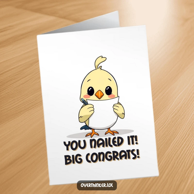 Free printable congratulations card showing a thoughtful bird artist contemplating its creative masterpiece with a pen.