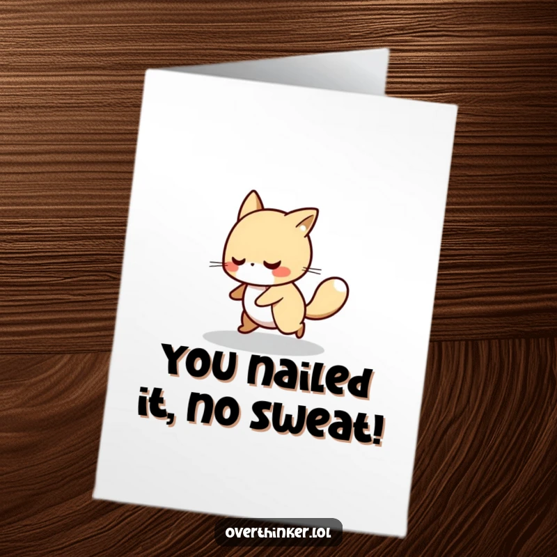 Funny Free Printable Congratulations Card: Animal character nervously pacing in a circle, celebrating a successfully overcome challenge.