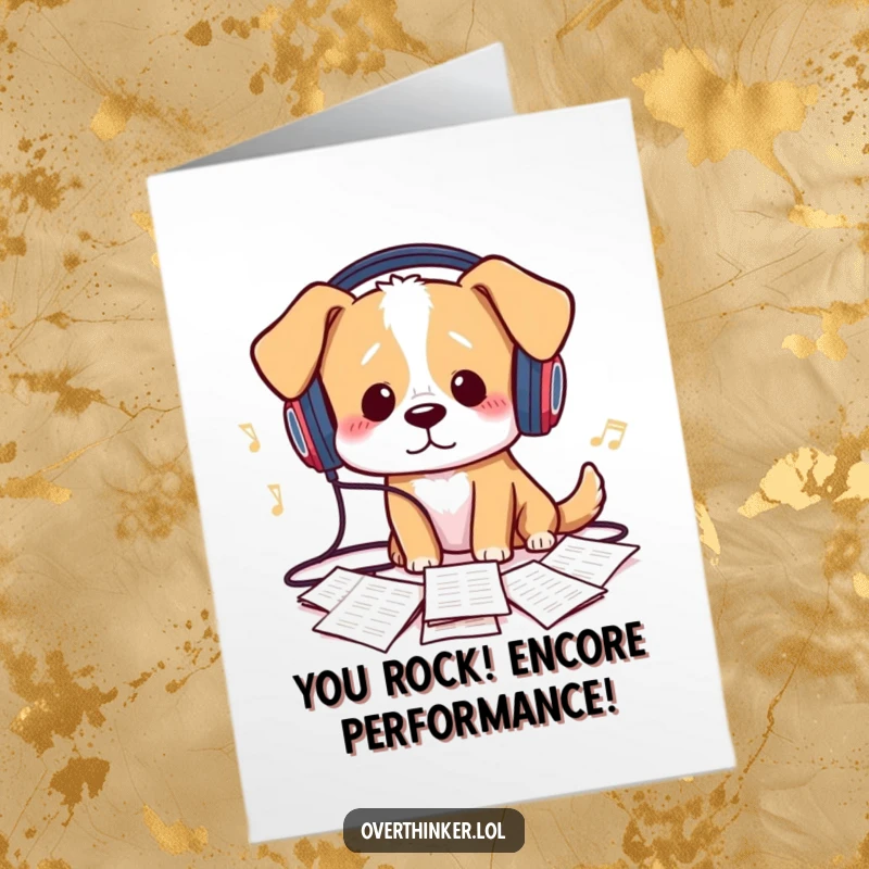Funny Free Printable Congratulations Card: A dog tangled in headphones stares confusedly at scattered sheet music, a mix of celebration and bewilderment.