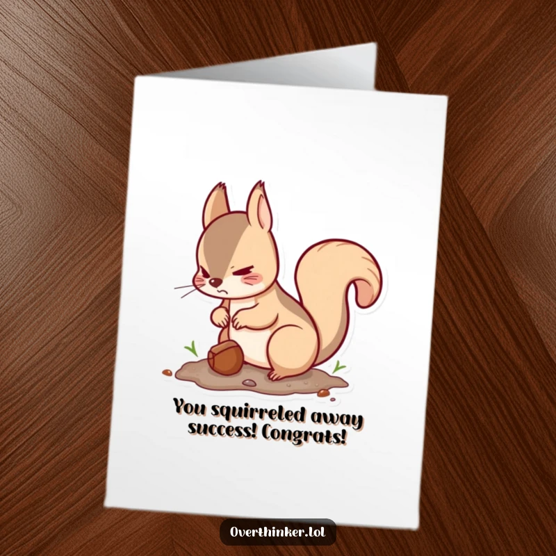 Funny free printable congratulations card: Kawaii squirrel burying a nut and looking suspiciously around. A downloadable gift for celebrating wins.