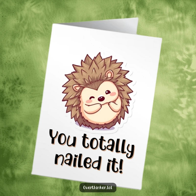 Funny Free Printable Congratulations Card: Kawaii hedgehog in a ball, peeking out cautiously with one eye, downloadable art.