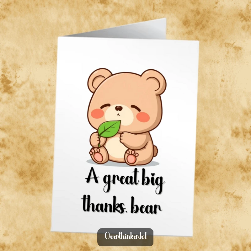 Funny Free Printable Thank You Card: Kawaii bear showing intense concentration on a single floating leaf, downloadable art.