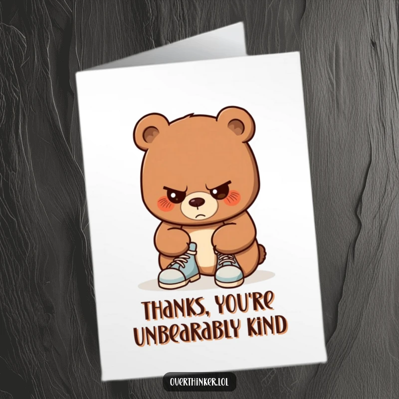 Funny free printable thank you card: A bear character intensely focused on the difficult task of tying its shoelaces, looking determined.