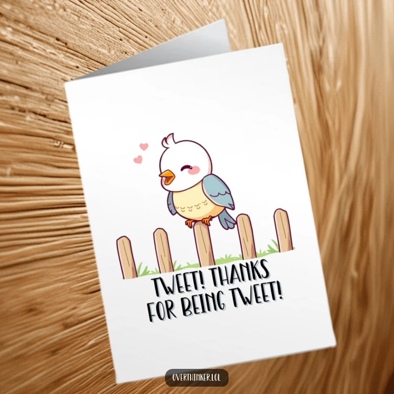 Funny Free Printable Thank You Card: Cheerful bird on a fence, head tilted, deep in thought, ideal for a downloadable gift.