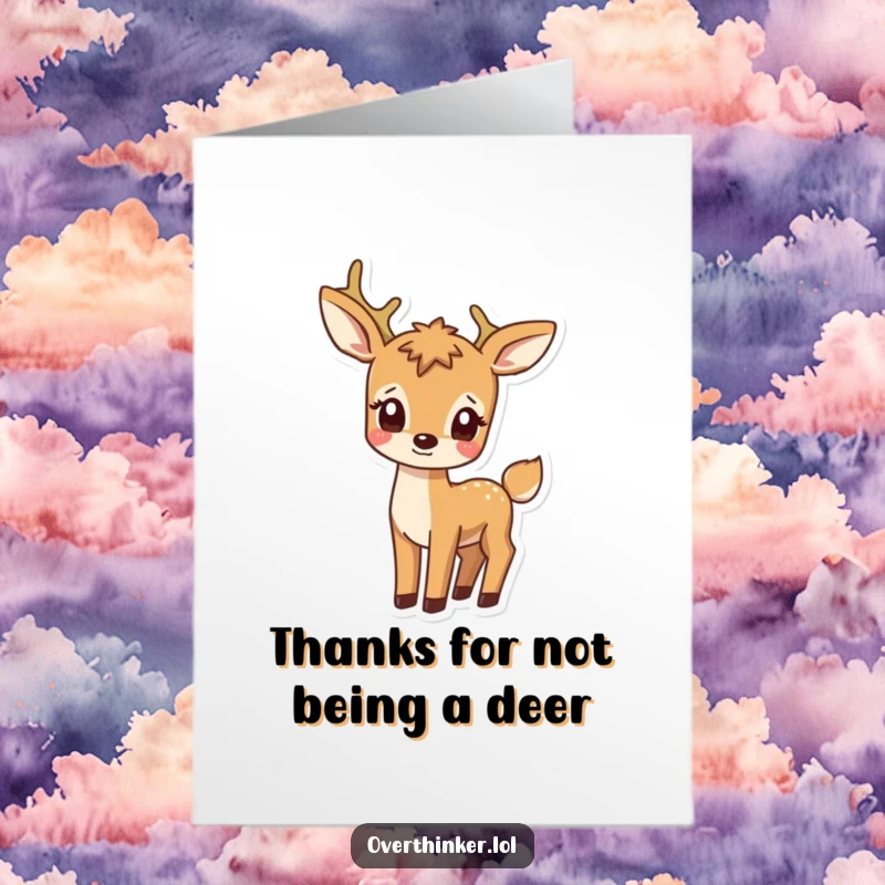 Funny Free Printable Thank You Card of a deer looking confused at its own tail, a quirky way to say thanks.
