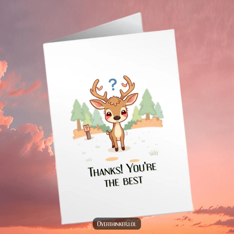 Funny free printable thank you card featuring a deer looking confused at a fork in the road, expressing thanks for guidance.