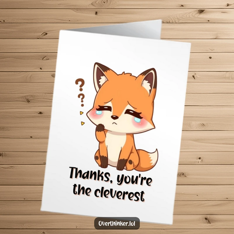 Funny free printable thank you card: A fox visibly sweating, brow furrowed in concentration, trying desperately to recall a forgotten name.