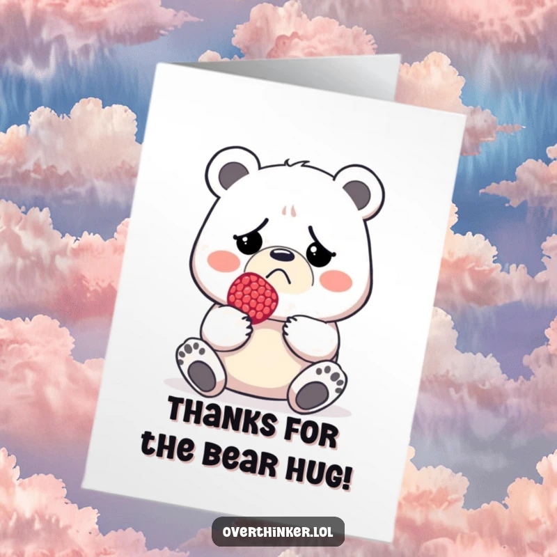 Funny free printable thank you card: A sad bear holds a tiny berry, humorously conveying that even small thanks are appreciated.