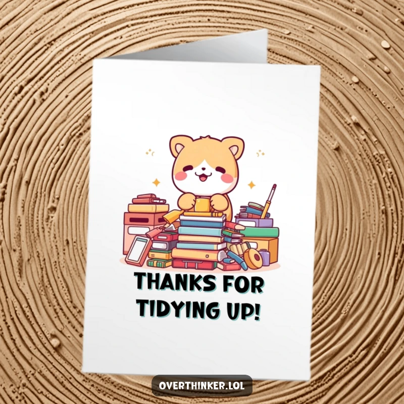 Funny Free Printable Thank You Card: A cute animal meticulously arranges perfect items, expressing thanks with downloadable delight.