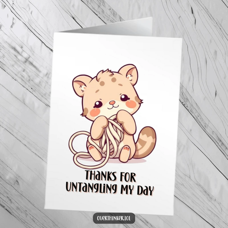 Funny Free Printable Thank You Card: A creature in a yarn mess, a relatable and humorous way to express gratitude, perfect for gifting.