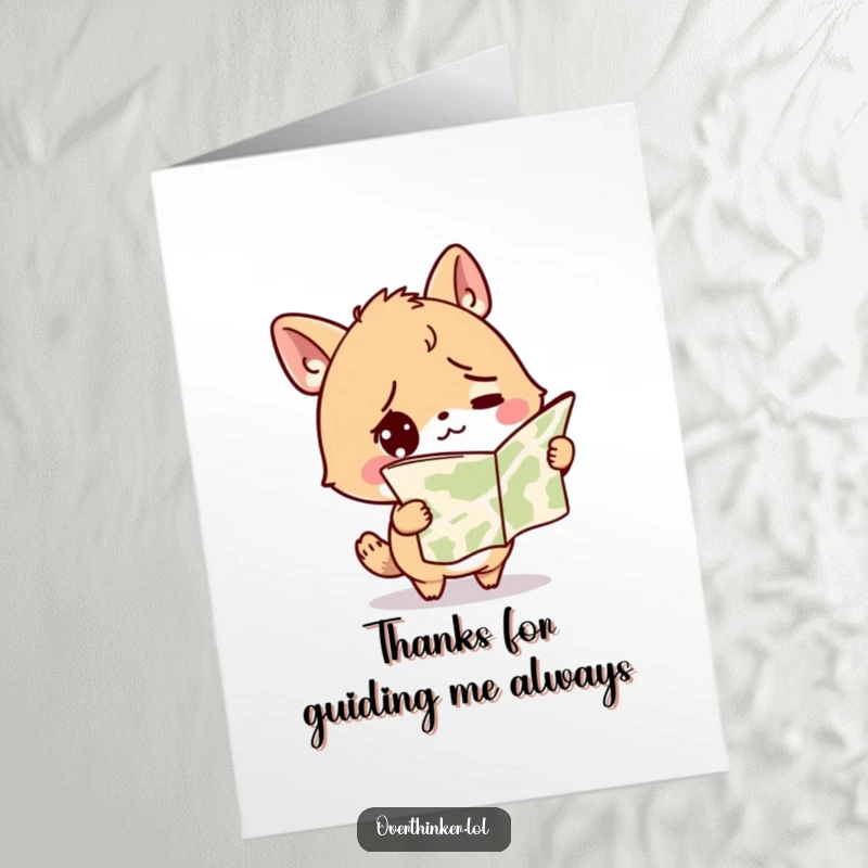 Funny Free Printable Thank You Card: A lost animal with a map, a humorous way to thank someone for guidance, perfect for gifting.
