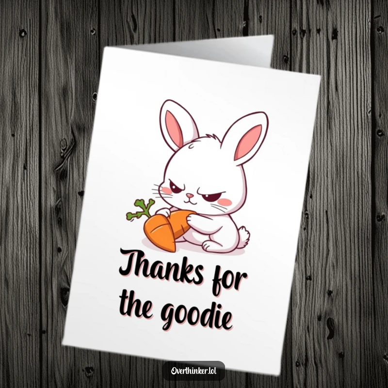 Funny Free Printable Thank You Card: Rabbit with Furrowed Brow Intensely Staring at a Single Carrot, Acknowledging Effort