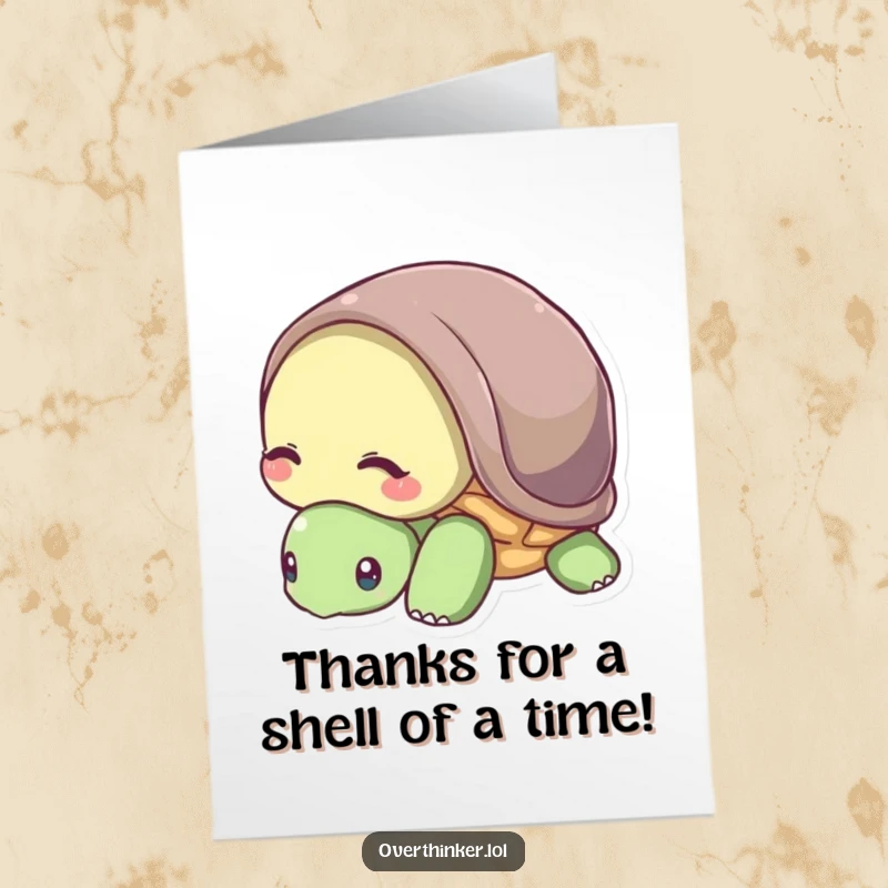 Funny free printable thank you card: A turtle slightly buries its head in its shell, humorously showing shy gratitude.