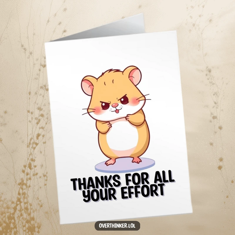 Funny Free Printable Thank You Card depicting a hamster spinning its wheel with intense concentration, expressing thanks for dedicated effort.