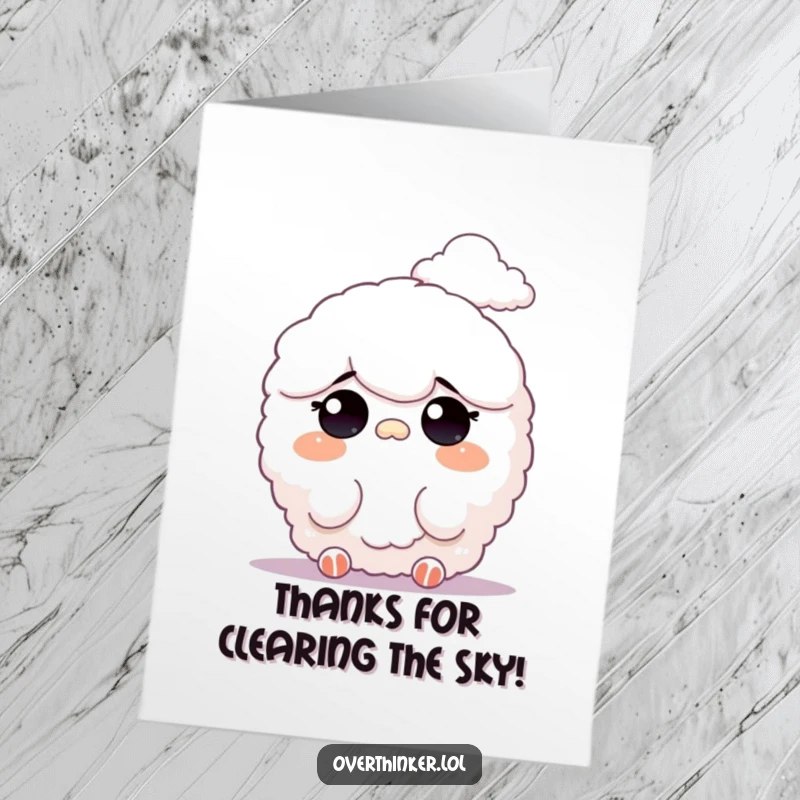 Funny Free Printable Thank You Card: Fluffy character observing distant clouds, a serene thank you.