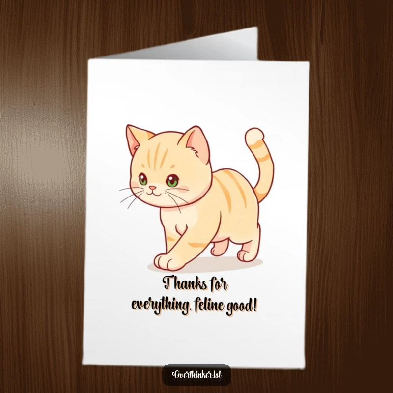 Funny Free Printable Thank You Card: A cat paces back and forth, tail twitching, ideal for a downloadable gift.