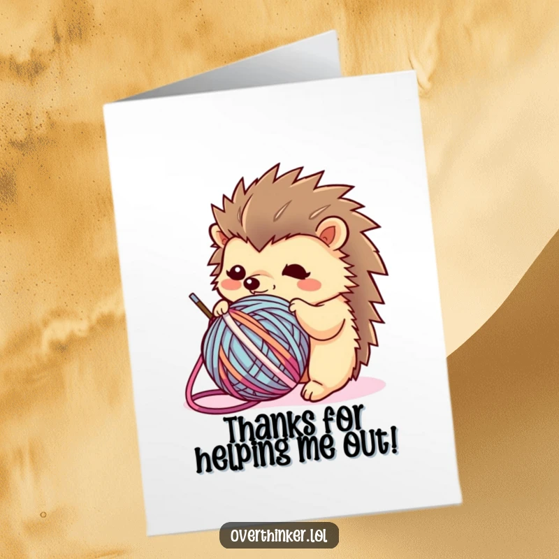 Funny Free Printable Thank You Card: Kawaii hedgehog tangled in yarn, looking flustered but grateful.