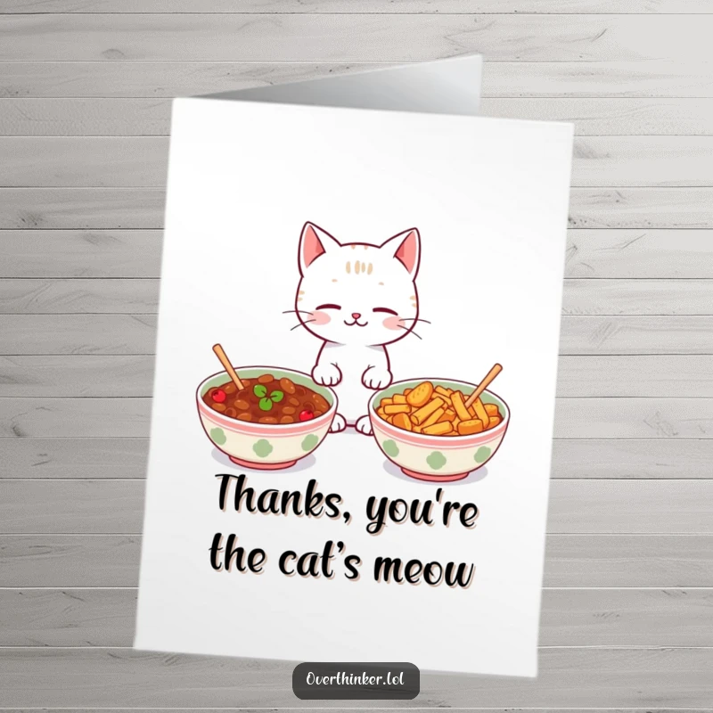 Funny free printable thank you card: Kawaii cat contemplating two identical bowls of food. A downloadable gift for a humorous thank you.