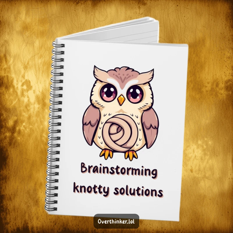Funny Owl Notebook with a wide-eyed owl deep in thought over a tiny knot, great for journaling.