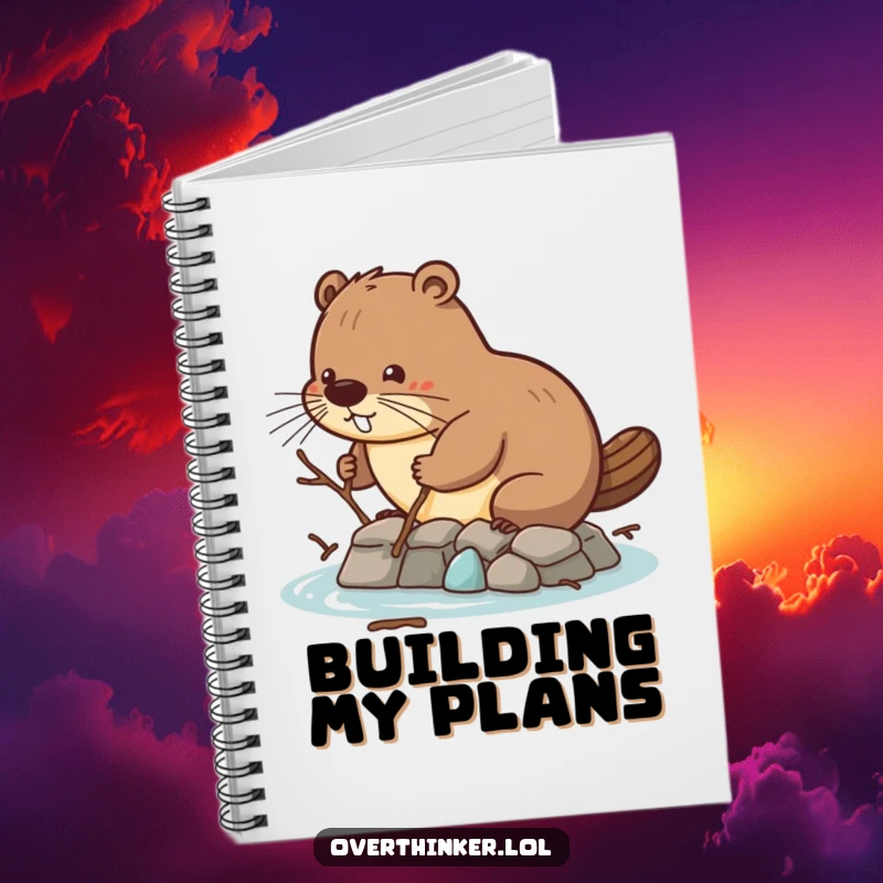 Funny notebook featuring a beaver using tiny twigs for dam building, ideal for writing down plans and project notes.