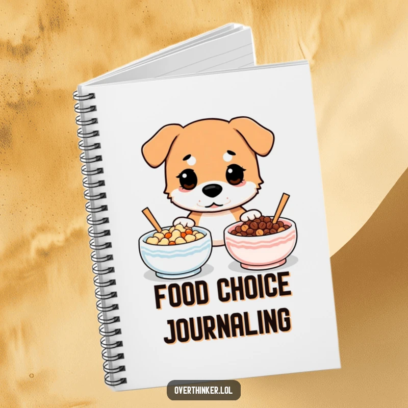Funny notebook cover: a dog looking confused between two identical bowls of food, for jotting notes.