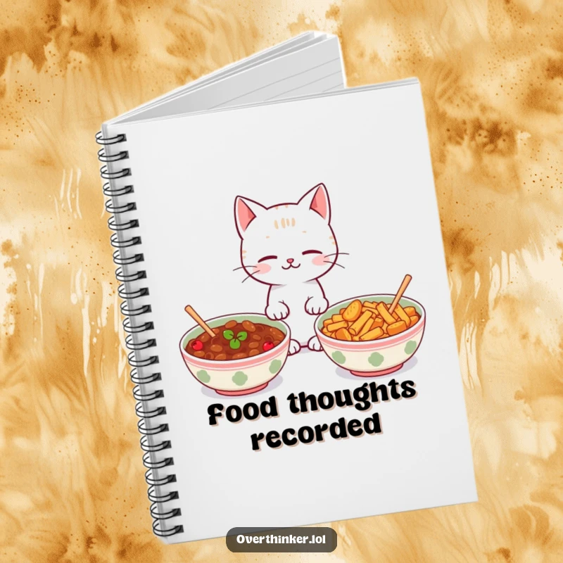 Funny Kawaii cat notebook with a cute cat looking between two identical food bowls, perfect for writing with humor.